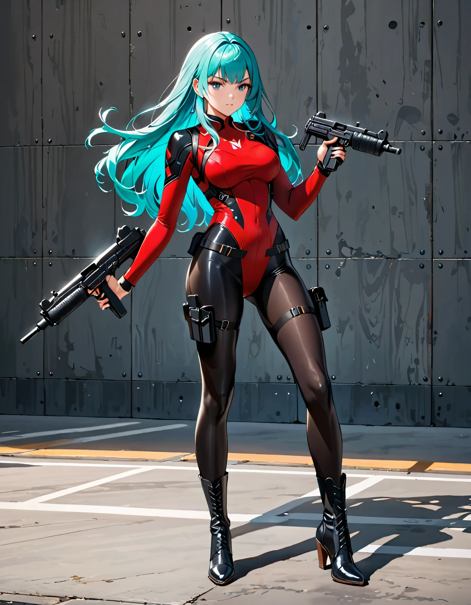 masterpiece, highly detailed, best quality, high quality, 1girl, (solo, solo focus), grey eyes, beautiful detailed eyes, beautiful detailed face, (perfect hands, complete fingers), perfect anatomy, perfect proportions, long aqua hair, (holding uzi with one hand), detailed shadows, detailed light, (black skintight bodysuit, (red leotard), shoulder holster), (full black pantyhose, skintight black pantyhose, skintight black leggings, perfect fit), matching boots, full body, serious, full body costume design