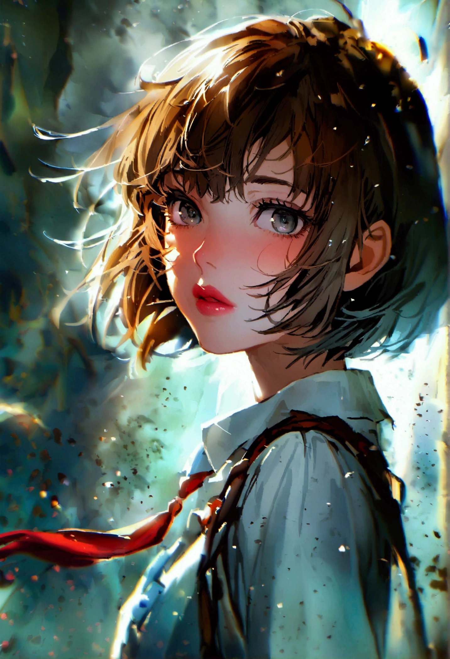 A girl with short brown hair, with bright gray eyes, her lips are pink, He wears the uniform from the anime Ryū to Sobakasu no Hime and his left arm has shiny black spots.
