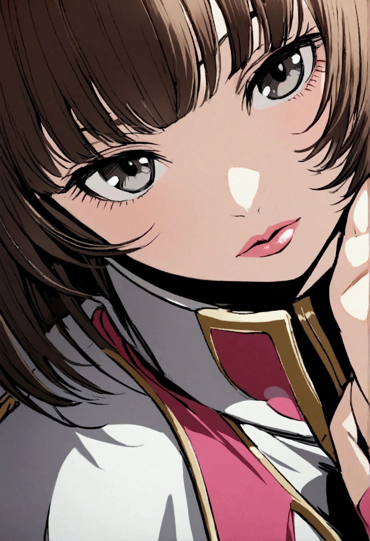 A girl with short brown hair, with bright gray eyes, her lips are pink, He wears the uniform from the anime Ryū to Sobakasu no Hime and his left arm has shiny black spots.