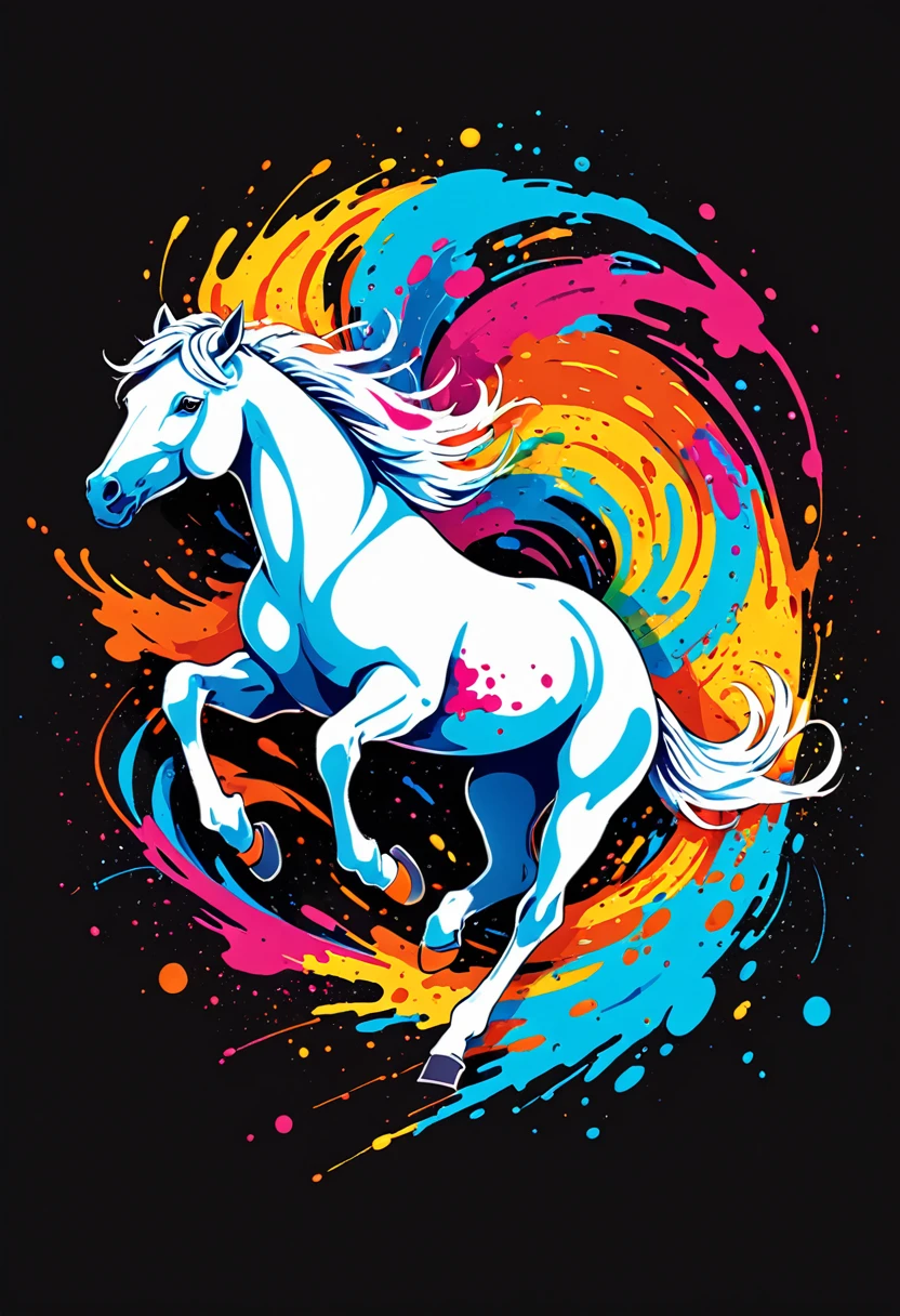 A t-shirt with vector art, Colorful illustration with two white horses running, At the center, swirly vibrant colors, ink spatter, paint stains and running paint, high détail,black backdrop
