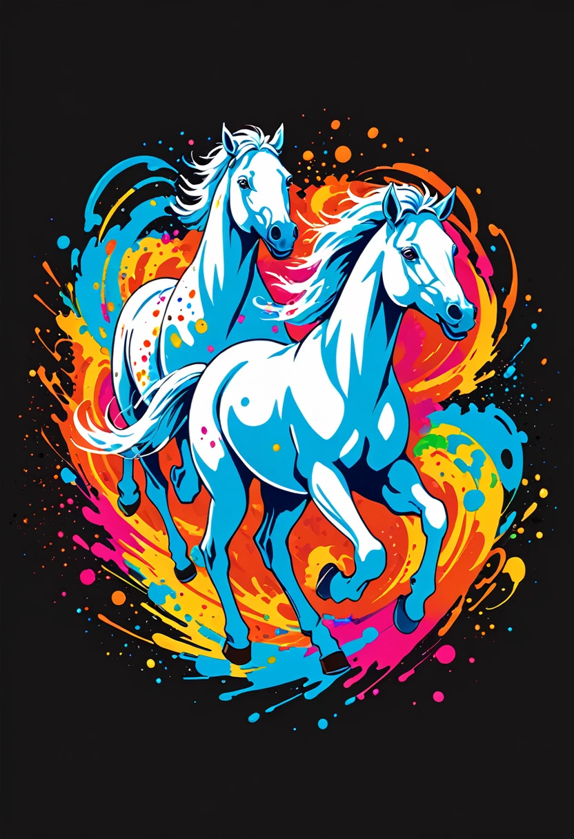 A t-shirt with vector art, Colorful illustration with two white horses running, At the center, swirly vibrant colors, ink spatter, paint stains and running paint, high détail,black backdrop