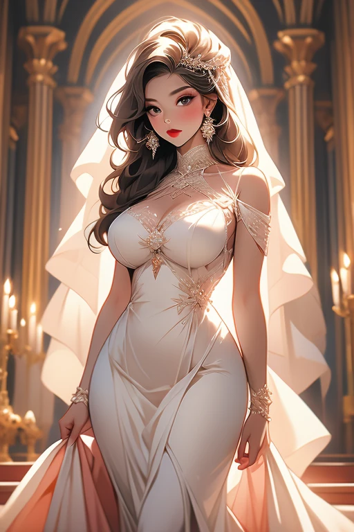 beautiful Latin woman in a wedding dress, the neckline of the dress reveals her nipples; Her dress is fitted and shows off her beautiful, curvy hips; The opening of her dress reveals her juicy vulva; She has lipstick painted lipstick, light makeup on her cheekbones, wonderful details on her eyelashes; she is standing outside the baroque style church; extremely sensual figure, expressions of sexual innuendo, seductive look