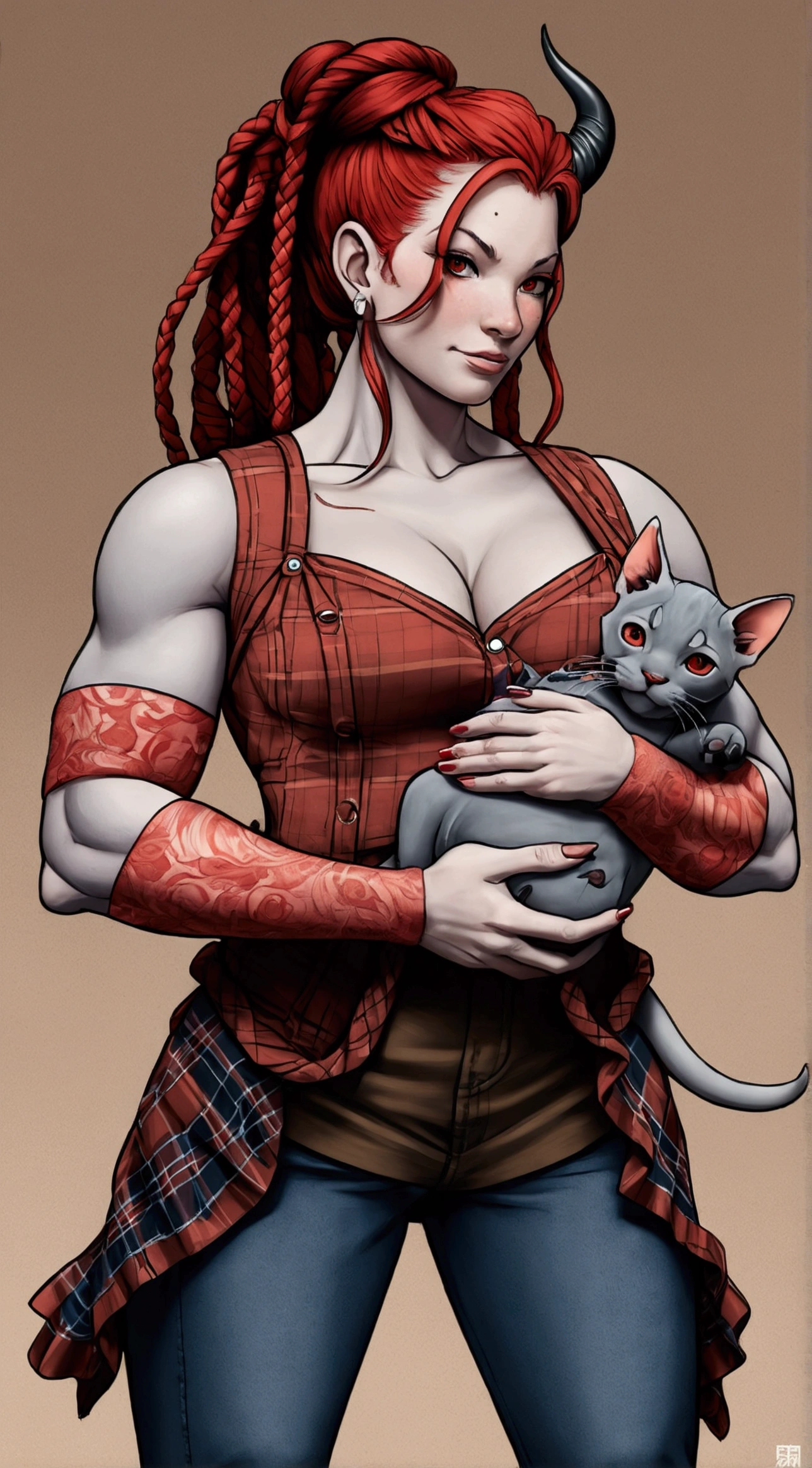 (masterpiece, best quality), (extremely detailed:1.3), (mature female:1.5), (fullbody:1.2), (female:1.2), (tattoo of blu bull), (grey skin), (red hair with small braids), (red eyes:1.15), (big muscles), (thick muscle mommy) (red plaid flannel), (blue overalls), solo, holding a kitten
