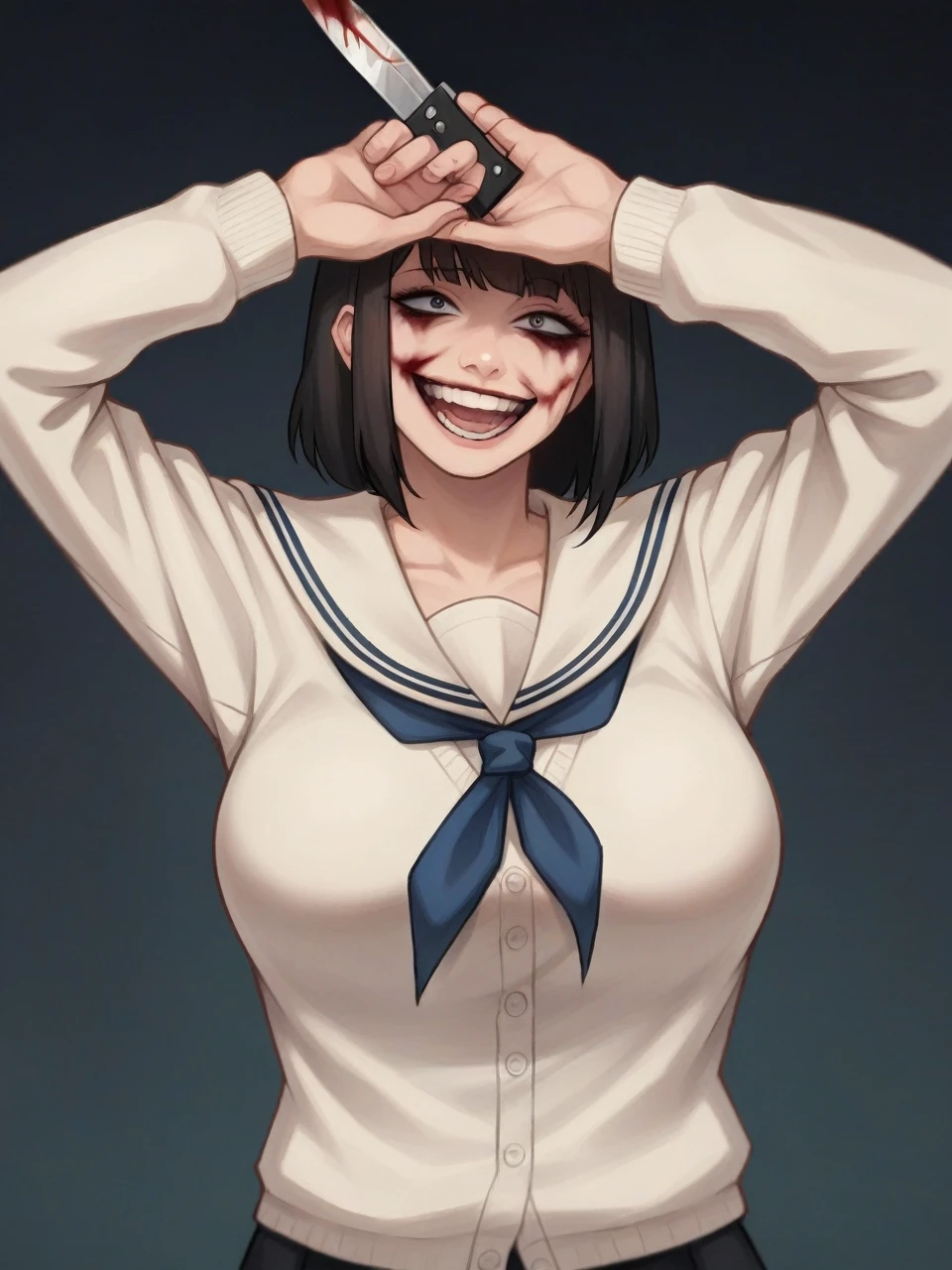 dark art, thick outlines, comics, photorealistic, perfect hands, masterpiece:1.2, ruined city at night, crazy, smiling, 1 girl, knife in hands, blood, cardigan, serafuku, black skirt, neckerchief, big breasts, detailed background, detailed face, detailed eyes, 