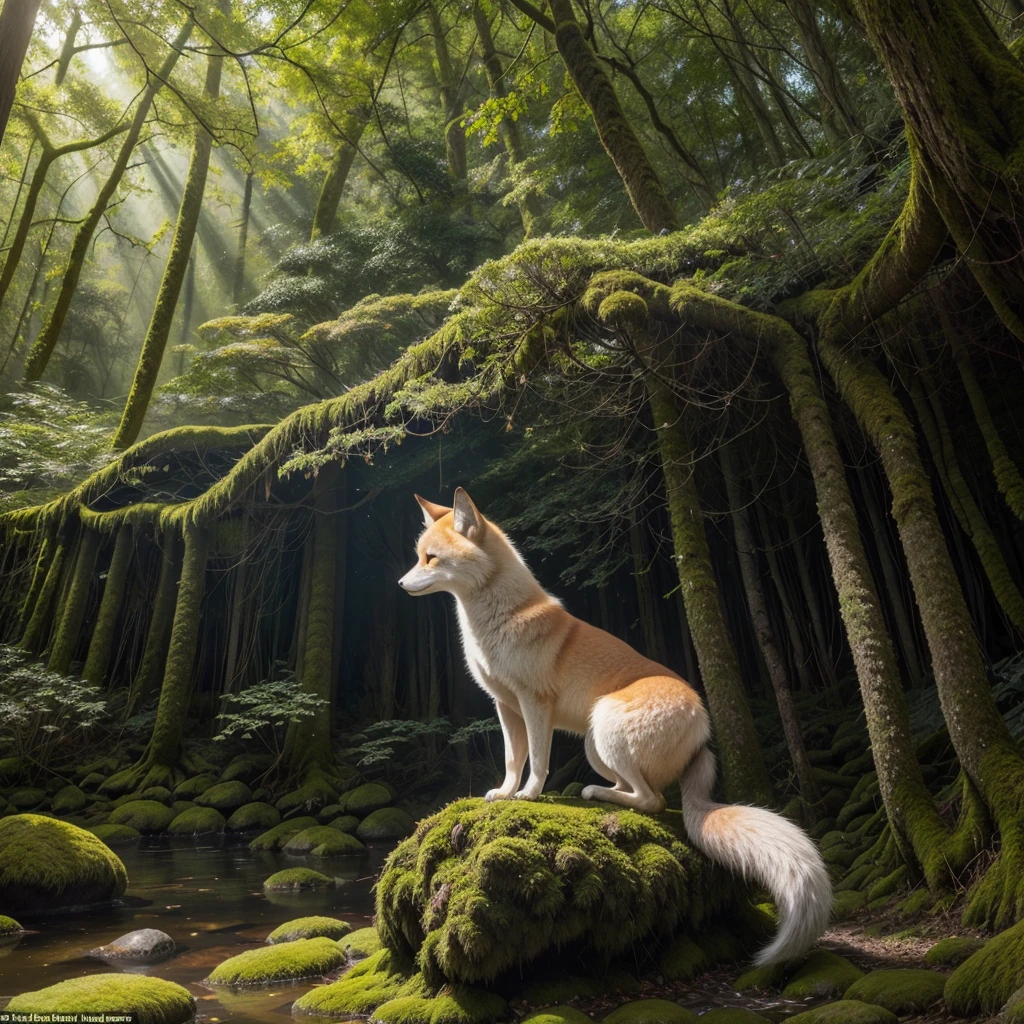

1. **Kitsune at the Sanctuary**:
   - "A majestic nine-tailed fox with glowing eyes, in the center of an ancient moss-covered stone sanctuary, surrounded by tall, ancient trees with sunbeams filtering through the leaves."