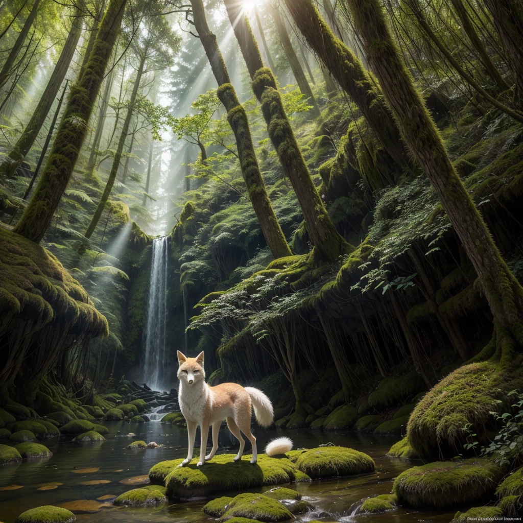 1. **Kitsune at the Sanctuary**:
- "A majestic nine-tailed fox with glowing eyes, in the center of an ancient moss-covered stone sanctuary, surrounded by tall, ancient trees with sunbeams filtering through the leaves."