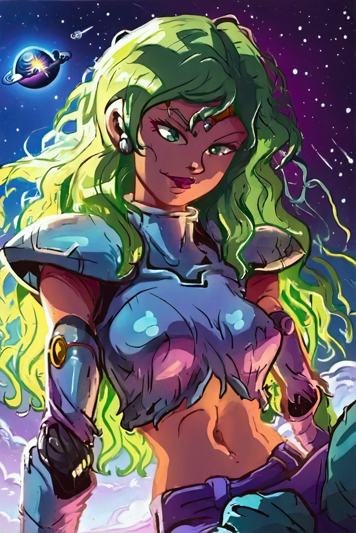 ::web comic:: a full-length close-up of a cartoon woman with green hair,big boobies , girl of the zodiac knights, portrait girl of the zodiac knights, portrait anime space cadet girl, girl in space, queen of the galaxy, goddess of the galaxies, cosmic girl,small sweatshirt shorts, and small shirt, saiyan girl, molly space, on a galaxy-looking background, intergalactic princess, android heroine, cyborg goddess in cosmos, sitting cross-legged on top of a meteor.