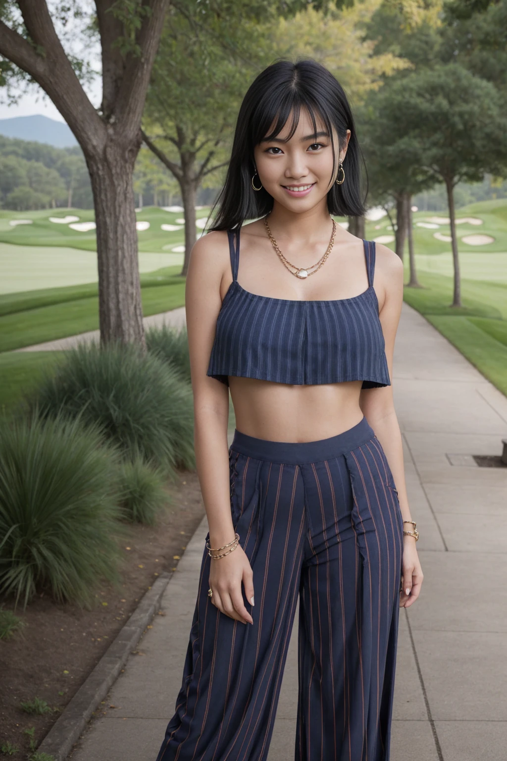 Half-length glamour portrait, nikon D850, f1.6 lens, 200mm, DSLR, 22 Megapixels, (((Green golf course scene))), shot of a stunning 19 years old korean girl, (smile:1.4), (wearing Imperial blue Striped wide-leg pants with navy blue cropped top:1.6), ((seductive pose)), hot girl, (((big natural breasts))), (((black fringe hair))), (small girl), symmetrical face, photorealistic, photography, (bright natural lighting), gorgeous, deep cleavage, (masterpiece), best quality, high resolution, extremely detailed, cinematic lighting, (((very narrow waist))), rich colors, hyper realistic, lifelike texture, ((jewelry)), (((She has beautiful hands and wears rings))), (bracelet), (necklace), (ankle chain), (nail polish) (earrings), Fuji Superia 200, 8k
