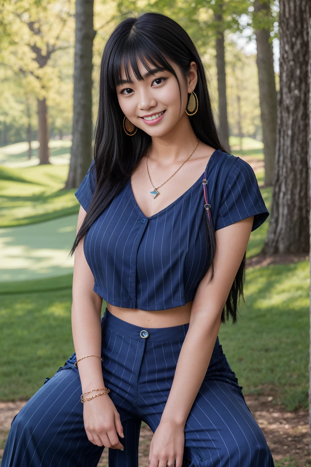 Half-length glamour portrait, nikon D850, f1.6 lens, 200mm, DSLR, 22 Megapixels, (((Green golf course scene))), shot of a stunning 19 years old korean girl, (smile:1.4), (wearing Imperial blue Striped wide-leg pants with navy blue cropped top:1.6), ((seductive pose)), hot girl, (((big natural breasts))), (((black fringe hair))), (small girl), symmetrical face, photorealistic, photography, (bright natural lighting), gorgeous, deep cleavage, (masterpiece), best quality, high resolution, extremely detailed, cinematic lighting, (((very narrow waist))), rich colors, hyper realistic, lifelike texture, ((jewelry)), (((She has beautiful hands and wears rings))), (bracelet), (necklace), (ankle chain), (nail polish) (earrings), Fuji Superia 200, 8k
