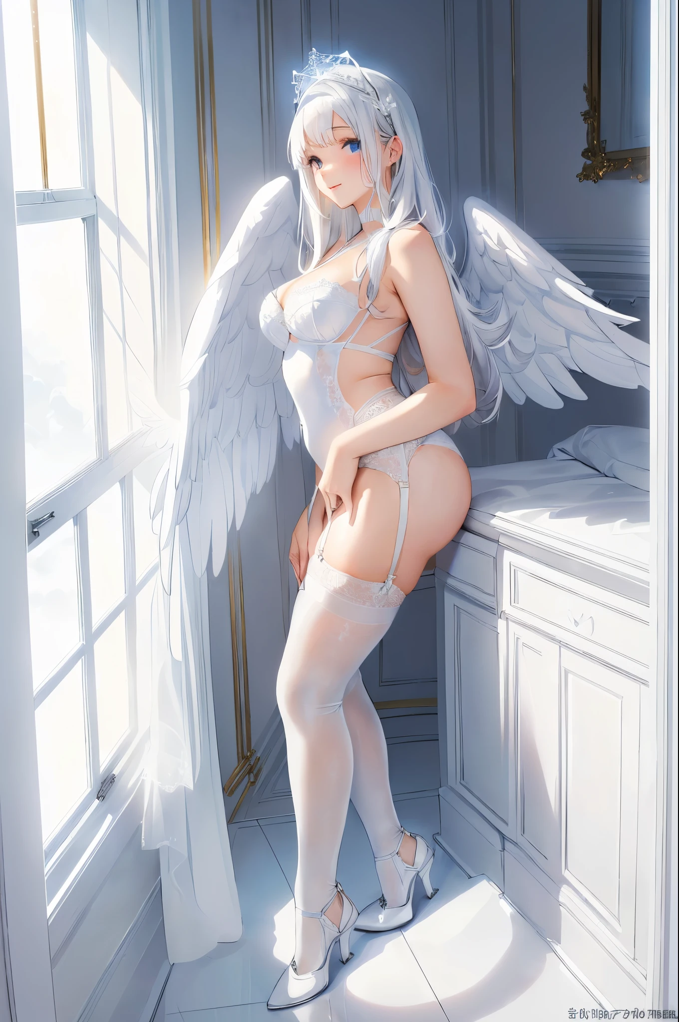 A woman in white lingerie posing in a cloud room, white stockings, wings, angel, clothes, dressed in a beautiful white, in white room, white silky outfit, , detailed white, gleaming white, white bra, all white, smooth white surroundings, garter belt, halo ring above her head