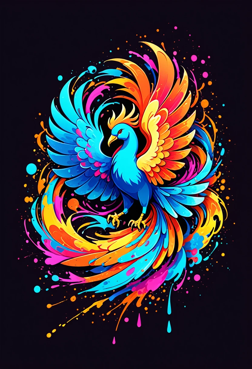 A t-shirt with vector art, Colorful illustration with Phoenix, At the center, swirly vibrant colors,graffiti art,ink spatter,UHD quality, details in 16k, Wild and unbridled,ink wink painting,rich and colorful,visual impact,modern aesthetic,Elegant and simple, black backdrop