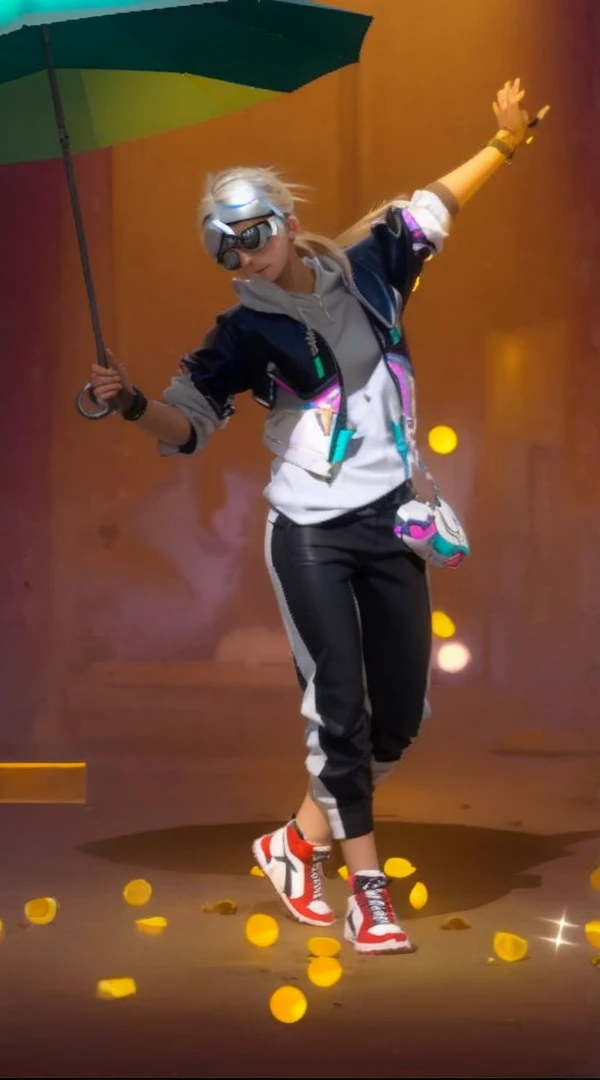 age blonde girl, her hair is in lose twin tails, wearing a cropped blue leather jacket, white sports bra, baggy black pants with lots of pockets, goggles on her head, fair skin, covered with dirt and black mechanical grease. Sci fi settings,