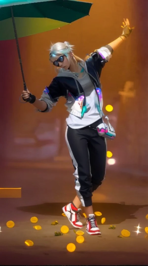 Teenage blonde girl, her hair is in lose twin tails, wearing a cropped blue leather jacket, white sports bra, baggy black pants with lots of pockets, goggles on her head, fair skin, covered with dirt and black mechanical grease. Sci fi settings,