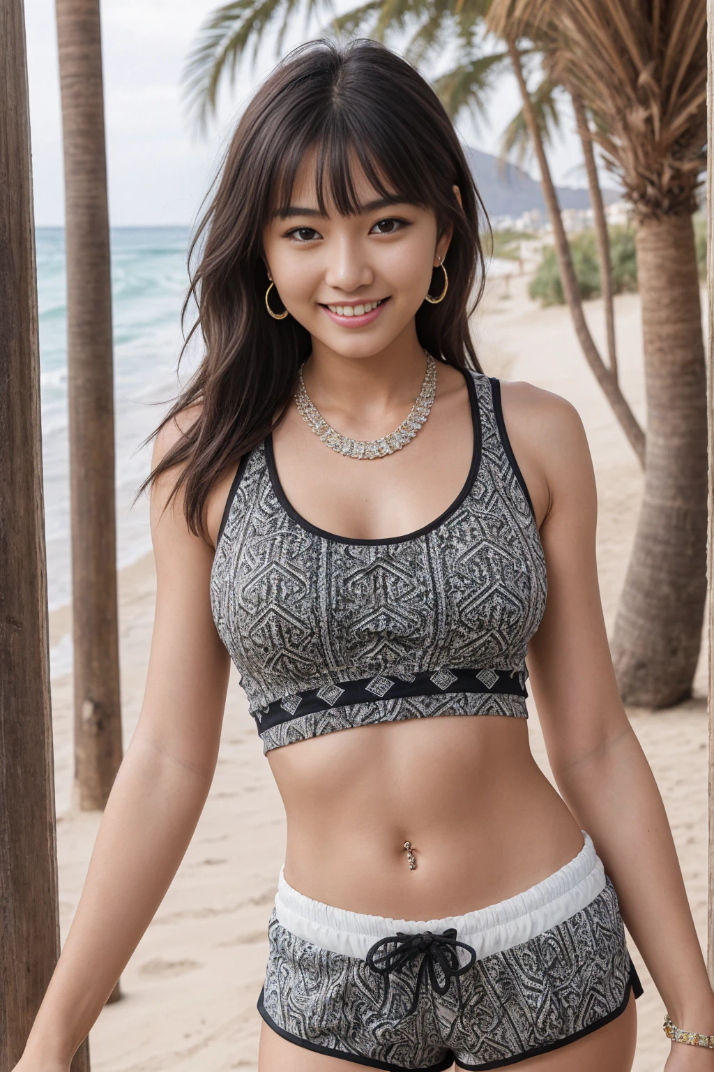 Half-length glamour portrait, nikon D850, f1.6 lens, 200mm, DSLR, 22 Megapixels, (((Costa del Sol Beach in Marbella scene))), shot of a stunning 19 years old korean girl, (smile:1.4), (wearing Cotton beach shorts with patterned tank top:1.6), ((seductive pose)), hot girl, (((big natural breasts))), (((black fringe hair))), ( girl), symmetrical face, photorealistic, photography, (bright natural lighting), gorgeous, deep cleavage, (masterpiece), best quality, high resolution, extremely detailed, cinematic lighting, (((very narrow waist))), rich colors, hyper realistic, lifelike texture, ((jewelry)), (((She has beautiful hands and wears rings))), (bracelet), (necklace), (ankle chain), (nail polish) (earrings), Fuji Superia 200, 8k
