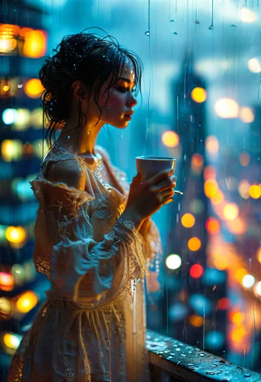   drinking her morning coffee Close-up of a woman in a silk blindfold standing on the edge of the roof of a high-rise building, inspired by Ross Tran, fantasy, drama, rose in hand in front of her, lace light dress, streets in lights of the city below her, drizzling rain about to fall so close to the edge, artist Andreas Rocha, Peter Morbacher'', beautiful night --ar 3:4