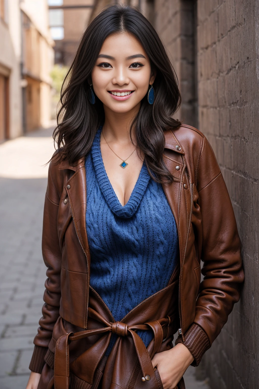 Half-length glamour portrait, nikon D850, f1.6 lens, 200mm, DSLR, 22 Megapixels, (((Picturesque alleyway scene))), shot of a stunning 19 years old korean girl, (smile:1.4), (wearing brown Leather jacket with Lapis blue knit sweater dress:1.6), ((seductive pose)), hot girl, (((big natural breasts))), (((black fringe hair))), (small girl), symmetrical face, photorealistic, photography, (bright natural lighting), gorgeous, deep cleavage, (masterpiece), best quality, high resolution, extremely detailed, cinematic lighting, (((very narrow waist))), rich colors, hyper realistic, lifelike texture, ((jewelry)), (((She has beautiful hands and wears rings))), (bracelet), (necklace), (ankle chain), (nail polish) (earrings), Fuji Superia 200, 8k