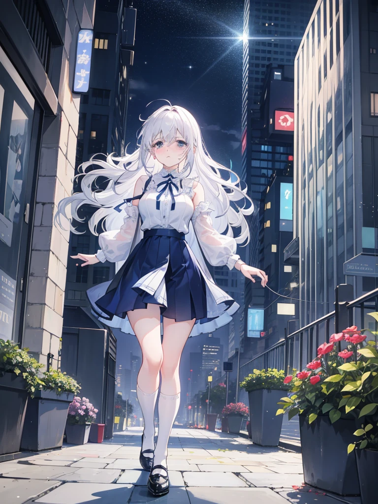 A fragile woman of a certain age with an aura of sadness、Cityscape、Crying with emotion and tears、Round, droopy blue eyes、Fine wavy long white hair、Medium breasts and curvy legs、Cheap but high quality city boy look、Wearing knee socks and shoes、Standing pose,