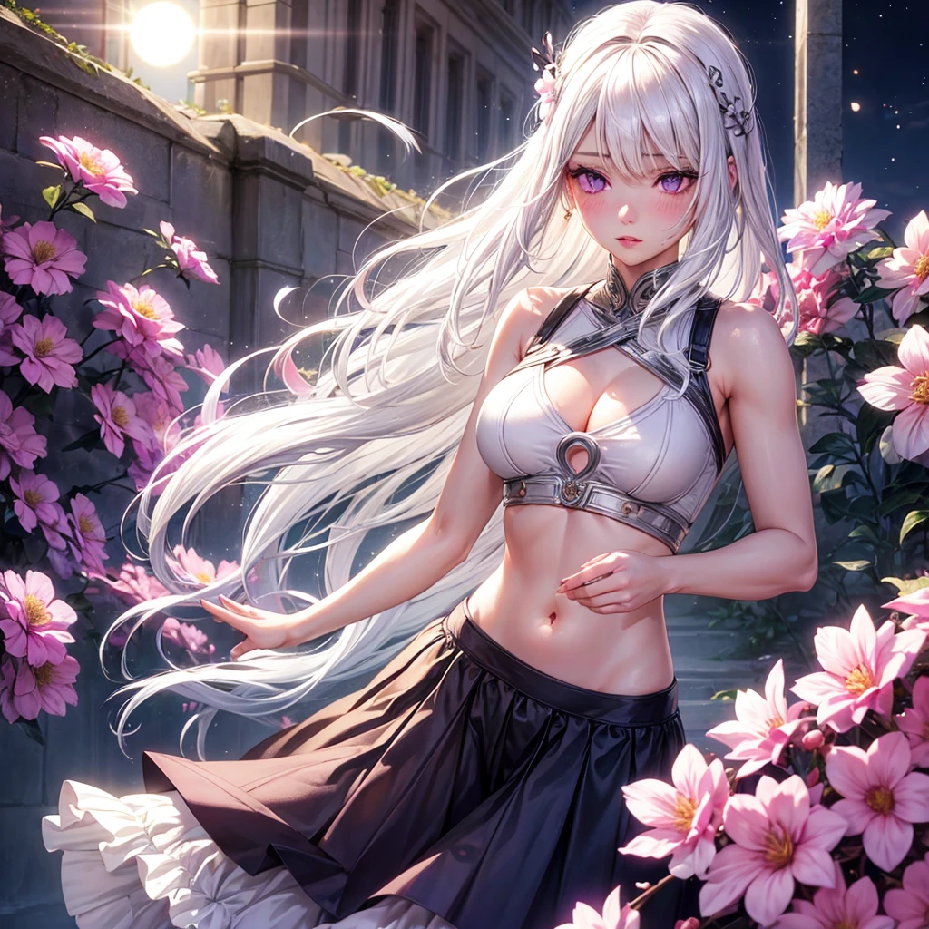 realistic, 1 girl, White hair, purple eyes, Brilliant eyes, crop top, skirt, parted lips, blush, night, flowers, Sun, Sunlight