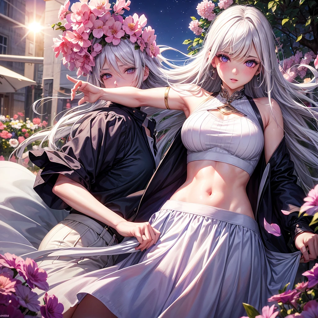 realistic, 1 girl, White hair, purple eyes, Brilliant eyes, crop top, skirt, parted lips, blush, night, flowers, Sun, Sunlight