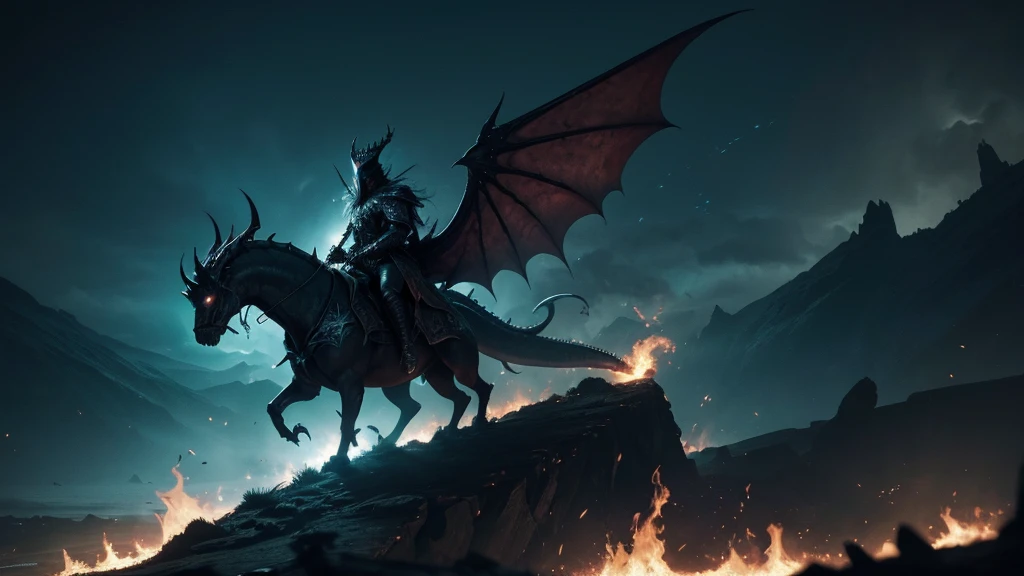 terrible crown, terrible ghost, Witch-King of Angmar, Akawawit Wedding, dramatic, cinematic, volumetric deep shadows, natural reflections, dramatic, Chaotic,Arson,Strength,details Intricate, greenish climate, green lightning flame, ((Riding on top of a wyvern sitting behind its wings)),holding a two-handed bastard sword, in the style of Marvel Nebula, fire flies , depth of planes,flight:1.3, wings are coming out of the Wyvern's back, 1tail,Ancient evil,