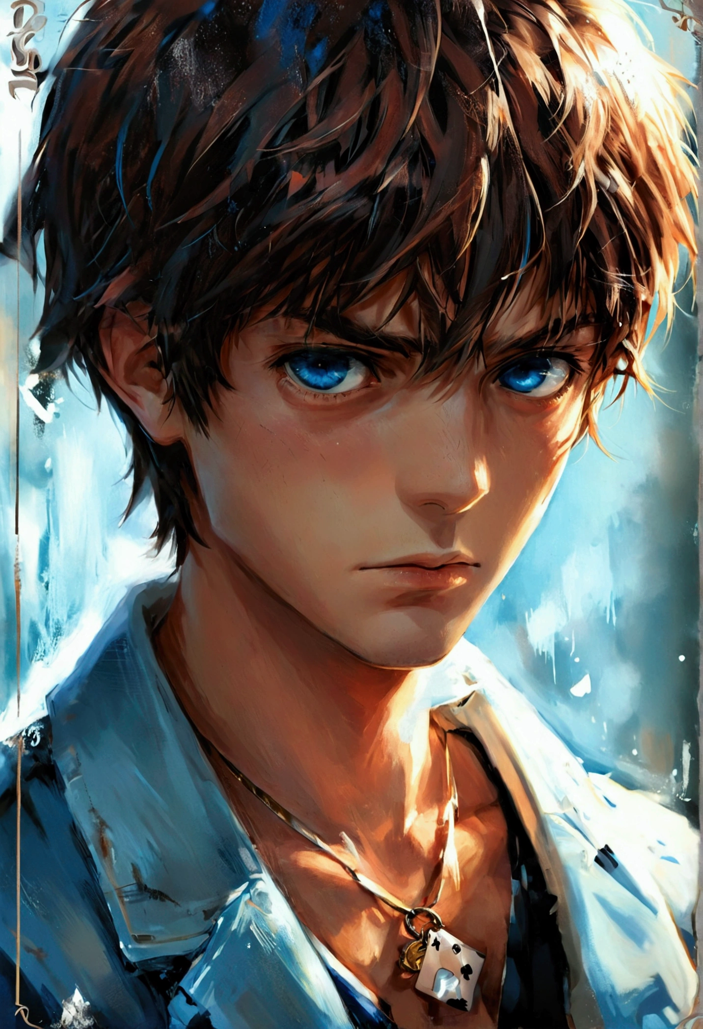 1 boy, incrvrscard, Detain, card, Detain card, share \(symbol\), Upper body, simper, playing card, Inside, Seto Kaiba, short hair, Brown hair, Blue eyes, belt, Open jacket, pendant, Cold eyes, mockery, 