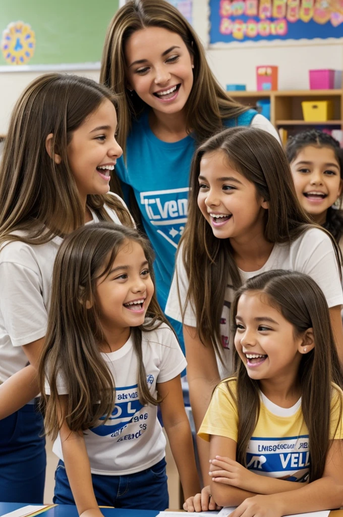 Hz a brown haired girl laughing in a classroom, with a blonde teacher with long hair wearing a velez t-shirt and many kids in the classroom laughing