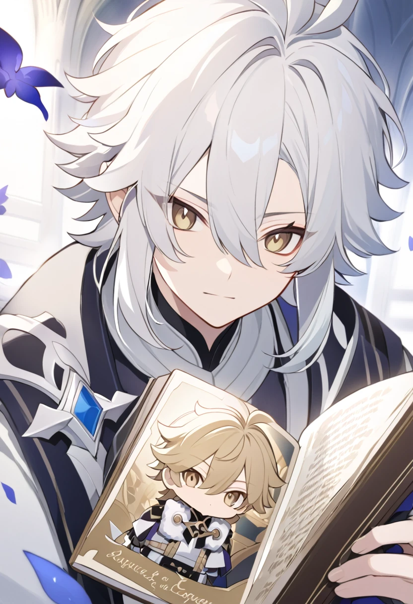 アニメ, um homem com white  hair e longos com uma fraja no dado direito e um livro nas mãos, brunette skin, gold eyes, cute androgynous prince, delicate androgynous prince, white  hair deity, handsome guy in demon slayer art, genshin, photo of a male cleric, white  hair, portrait of thancred, arte detalhada de personagem de アニメ