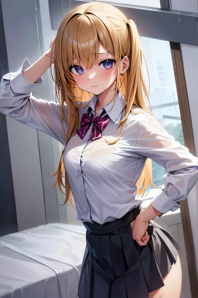 Best quality, A high resolution, absurdity, ultra detailed, 1 girl, hair_square, skirt, one, shirt, rain, wet_cloth, hair_square, wet, small_breast, underwear, wet_skirt, look through, blonde, amber_eyes, white_brassiere.