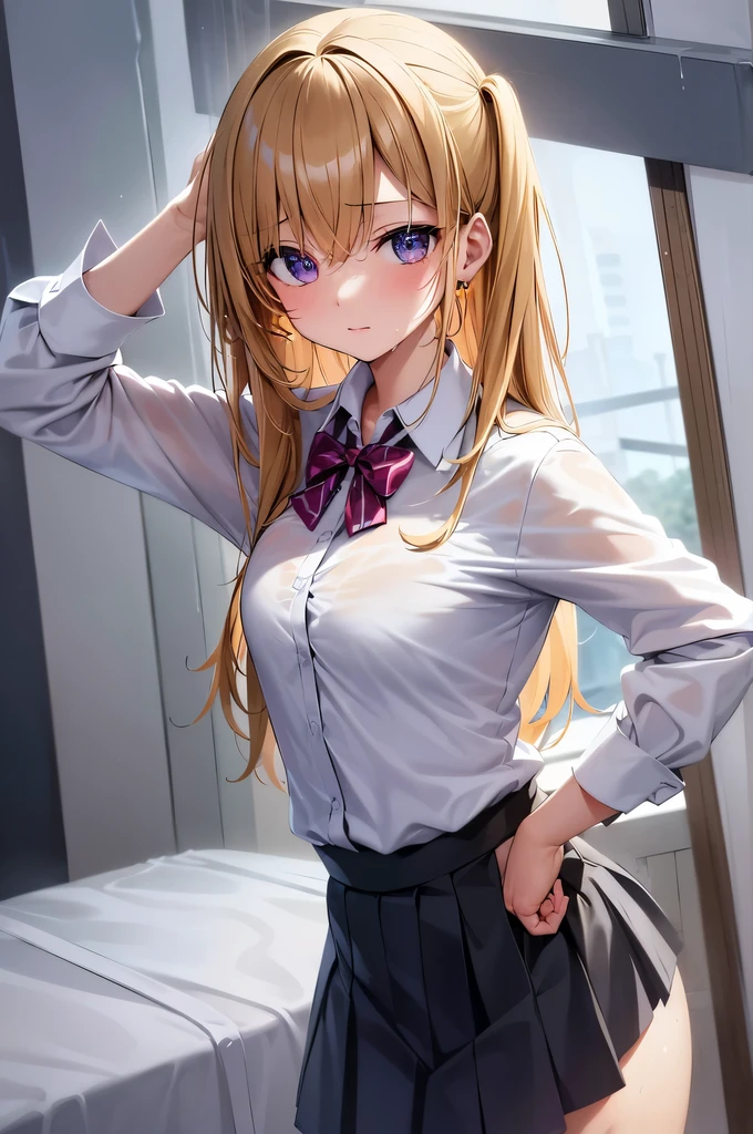 Best quality, A high resolution, absurdity, ultra detailed, 1 girl, hair_square, skirt, one, shirt, rain, wet_cloth, hair_square, wet, small_breast, underwear, wet_skirt, look through, blonde, amber_eyes, white_brassiere.