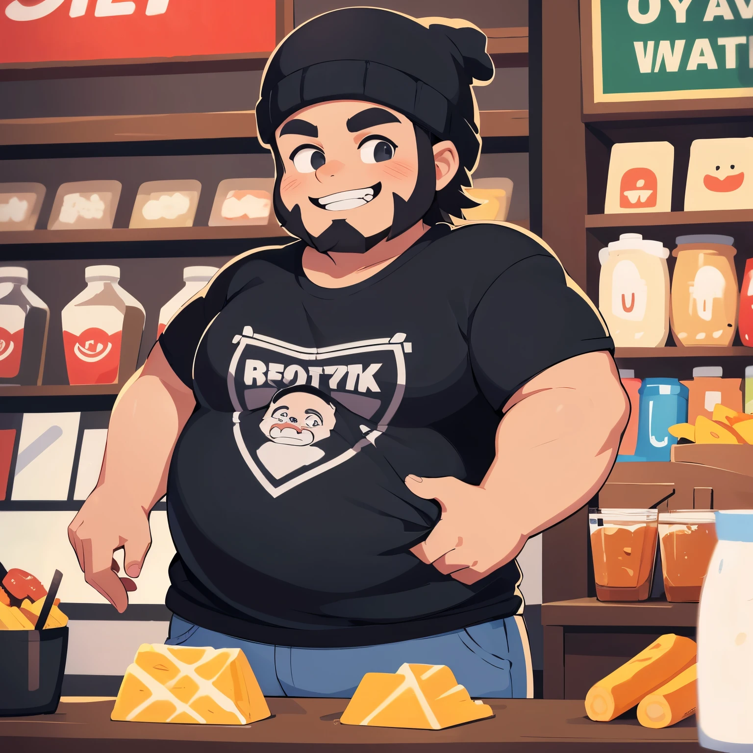 (cartoon style:1.2), drawing of ([Jessica Chastain|Kelly Ripa|Mila Kunis]) a face of a fat man with short black hair, a black beard, and wearing a black beanie and a black t-shirt. He is a kiosk vendor, smiling at the camera and showcasing the products in his hands. This image is designed to resemble a logo for a snack bar.