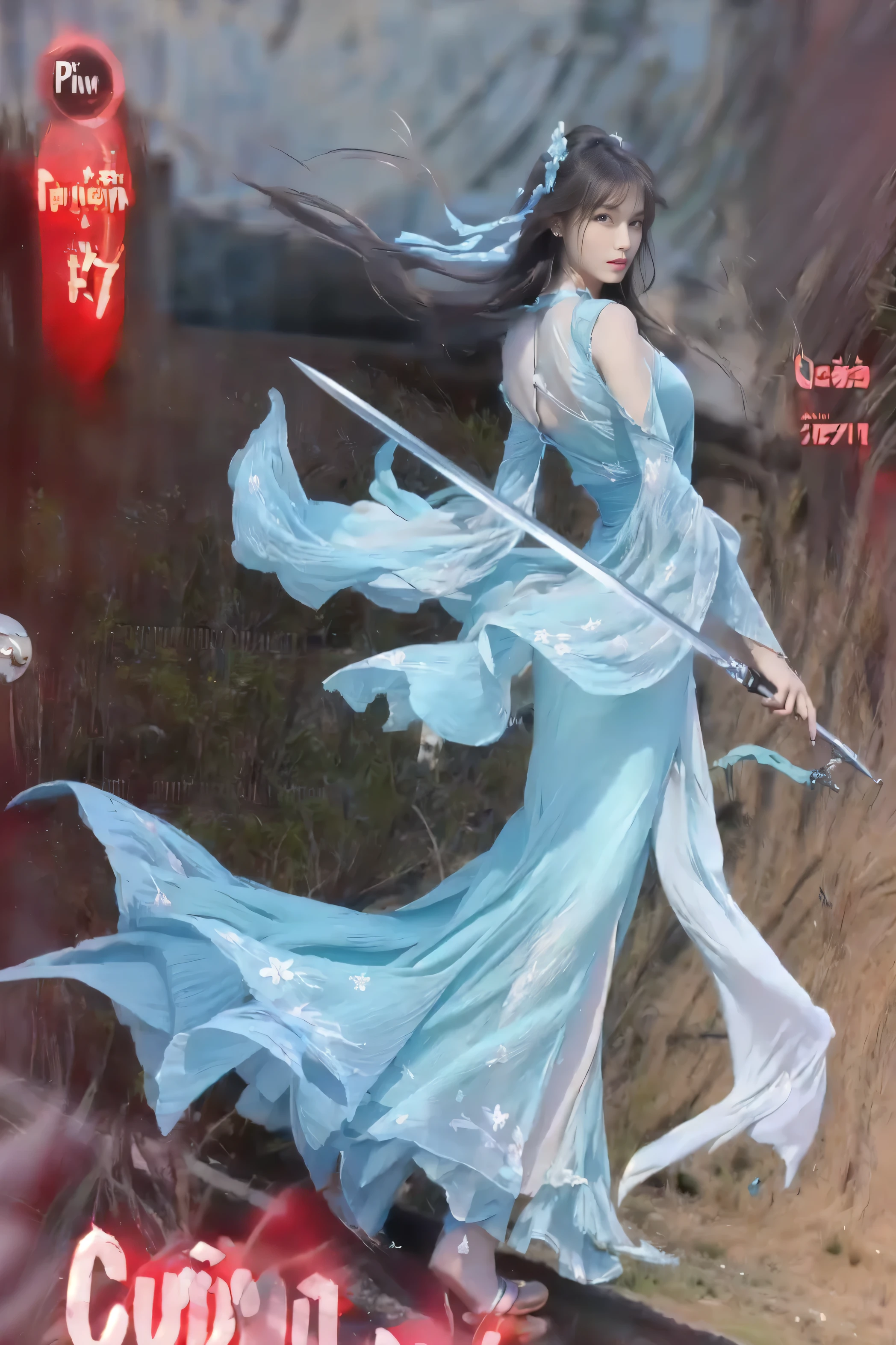 a close up of a woman in a long dress holding a sword, (Highest quality), (photoRealistic:1.4), ((Realistic image of a beautiful girl looking at the Aegean Sea at sunset)), She's wearing a Grecian-style maxi dress, Calm Aegean Sea shimmering at sunset, She has a look of serenity on her pretty face, at Santorini Island, She's watching a ocean at dusk from the Oia Castle, (Skin glowing bewitchingly in the setting sun), glistening skin, like a goddess, parted lips, Hair flapping in the wind, (Beautifully curved hourglass body shape), professional lighting and shading, POV, (extremely detailed eyes and face), eyes with beautiful details, (insanely detailed beautiful natural skin texture), Accurate eyes, Accurate hands, Well-balanced overall body, ultra high res, intricate composition, (an extremely delicate and beautiful), thin silk dress, blue sky, bamboo forest backgound, canvas shoes, foot steps