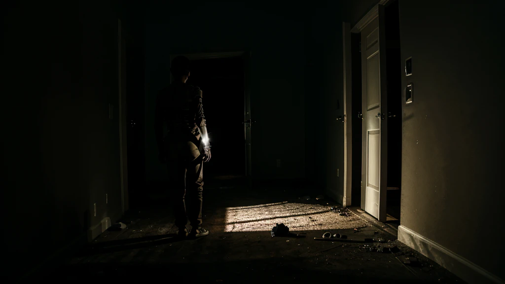 a scary skeleton standing  standing directly in my back in darkness abandon room.
