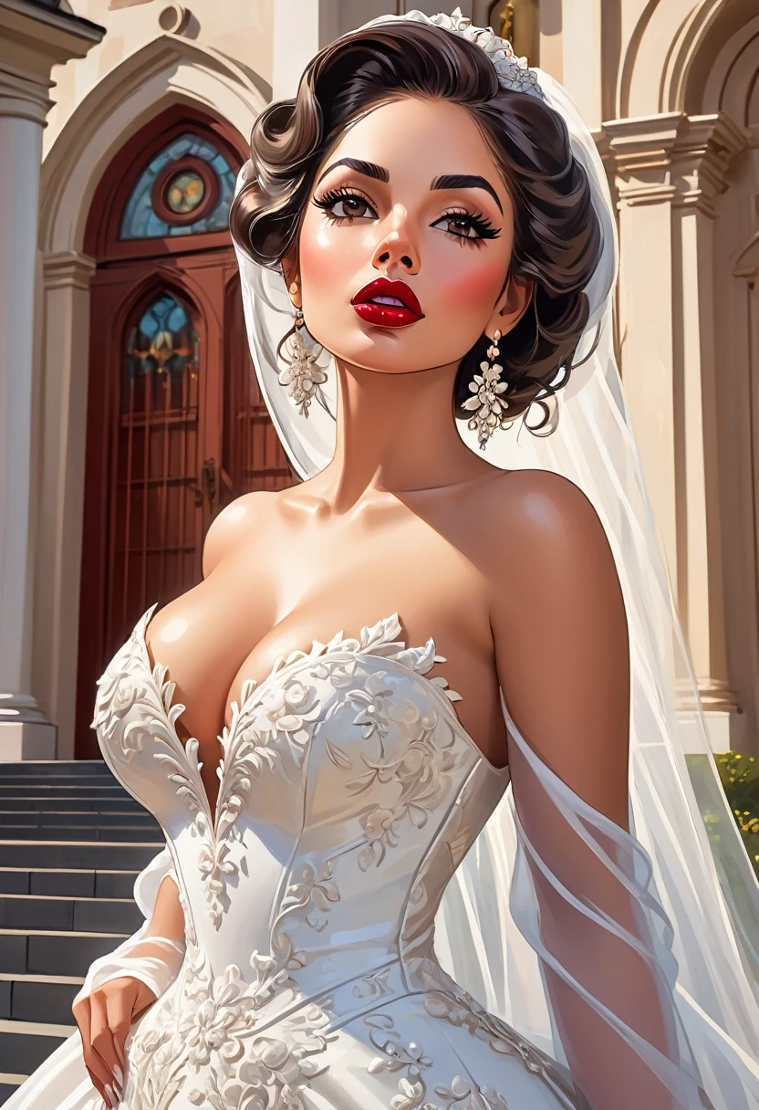 beautiful Latin woman in a wedding dress, the neckline of the dress reveals her nipples; Her dress is fitted and shows off her beautiful, curvy hips; The opening of her dress reveals her juicy vulva; She has lipstick painted lipstick, light makeup on her cheekbones, wonderful details on her eyelashes; she is standing outside the baroque style church; extremely sensual figure, expressions of sexual innuendo, seductive look