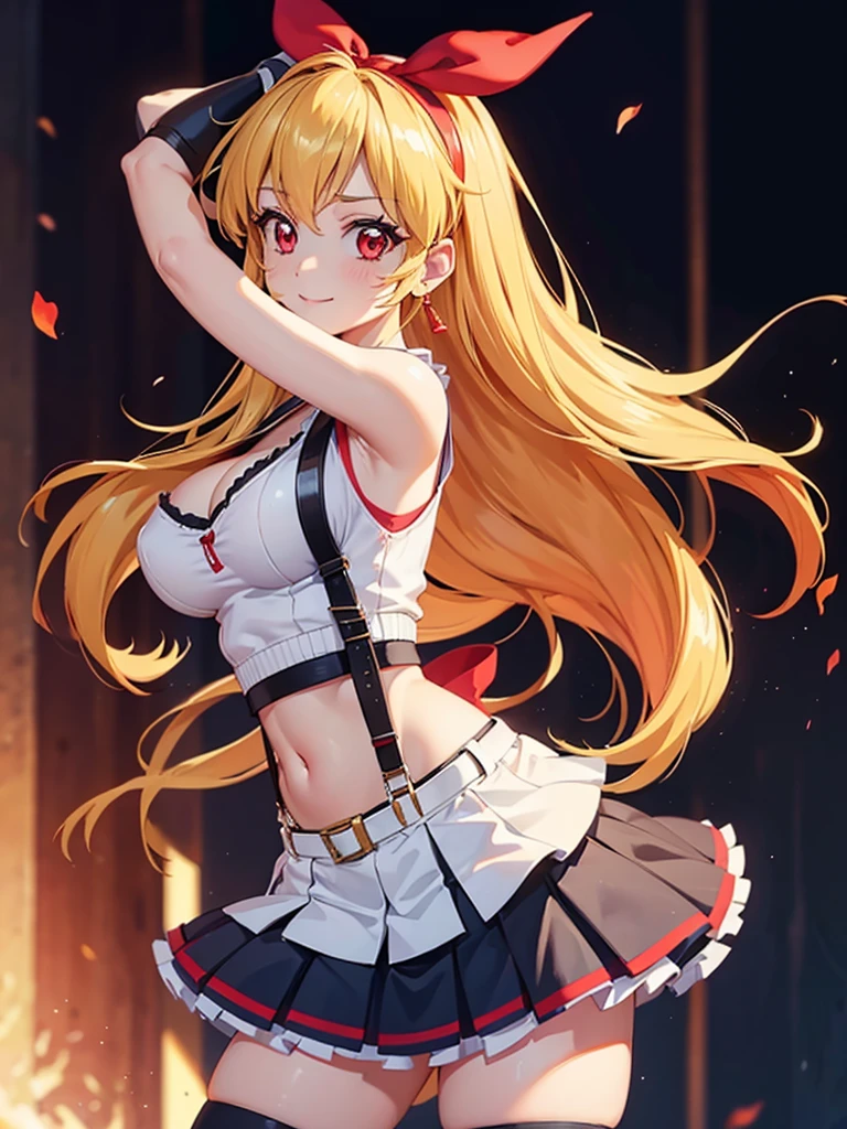 a sexy women with short white hair posing for a painting with fists up,1girl,gloves,long hair,skirt,jewelry,_breasts,solo,crop top,earrings,navel,fingerless gloves,suspenders,smile,tifa lockhart,looking at viewer,midriff,collarbone,thighhighs,(_large_breasts),simple background,bare shoulders,white background,cleavage,stomach,black skirt,low-tied long hair,taut clothes,suspender skirt,red gloves,closed mouth,blonde hair,belt,miniskirt,armpits,zettai ryouiki,taut shirt,bangs,(red ribbon on hairband:1.2),Ichigo Hoshimiya (Aikatsu!),tifa ff7,
