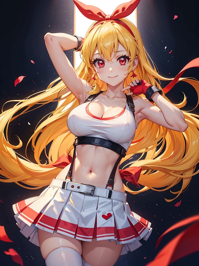 a sexy women with short white hair posing for a painting with fists up,1girl,gloves,long hair,skirt,jewelry,_breasts,solo,crop top,earrings,navel,fingerless gloves,suspenders,smile,tifa lockhart,looking at viewer,midriff,collarbone,thighhighs,(_large_breasts),simple background,bare shoulders,white background,cleavage,stomach,black skirt,low-tied long hair,taut clothes,suspender skirt,red gloves,closed mouth,blonde hair,belt,miniskirt,armpits,zettai ryouiki,taut shirt,bangs,(red ribbon on hairband:1.2),Ichigo Hoshimiya (Aikatsu!),tifa ff7,