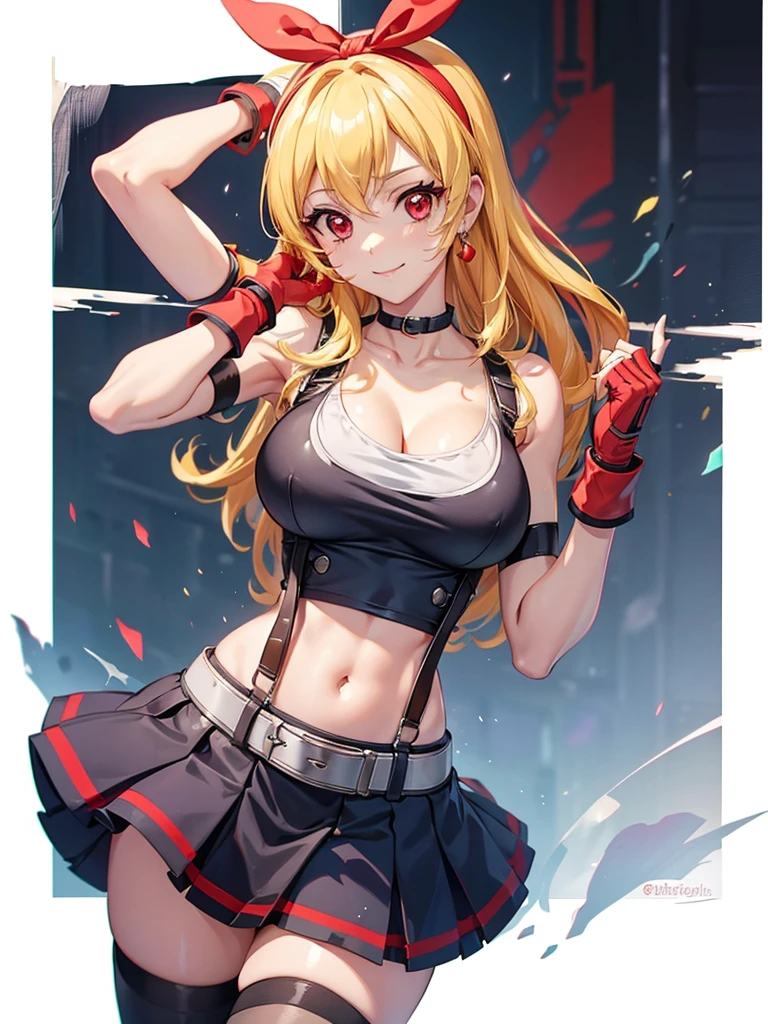 a sexy women with short white hair posing for a painting with fists up,1girl,gloves,long hair,skirt,jewelry,_breasts,solo,crop top,earrings,navel,fingerless gloves,suspenders,smile,tifa lockhart,looking at viewer,midriff,collarbone,thighhighs,(_large_breasts),simple background,bare shoulders,white background,cleavage,stomach,black skirt,low-tied long hair,taut clothes,suspender skirt,red gloves,closed mouth,blonde hair,belt,miniskirt,armpits,zettai ryouiki,taut shirt,bangs,(red ribbon on hairband:1.2),Ichigo Hoshimiya (Aikatsu!),tifa ff7,
