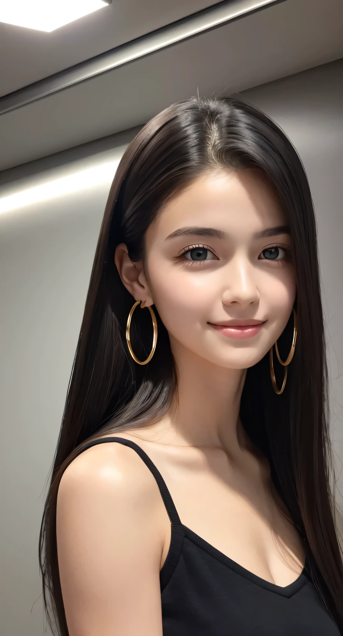 Beautiful ager, incomparable beauty ,topless:1.2, looking to the camera, cinematic lighting, perfect, Luz outfit, high resolution skin:1.2, realistic skin texture, beautiful 15-ymall face、small gold hoop earrings、, off the shoulders, 32c breasts, Blue eyes, very black hair on my shoulders, dark black hair、Full body photo、neutral background , looking straight at the target and with a nice and pleasant smile