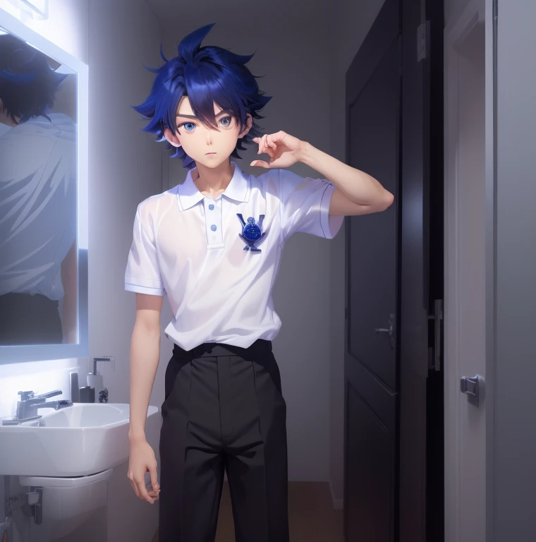 MAKE AN OVERLAY FOR TWITCH OF THIS anime boy in a white shirt standing in front of a mirror, handsome anime pose, official anime still, with the index finger, inspired by Okumura Togyu, Inspired by Okumura Masanobu, in the anime movie, tall anime boy with blue eyes, young animated, official studio anime still, anime still, uniform jk