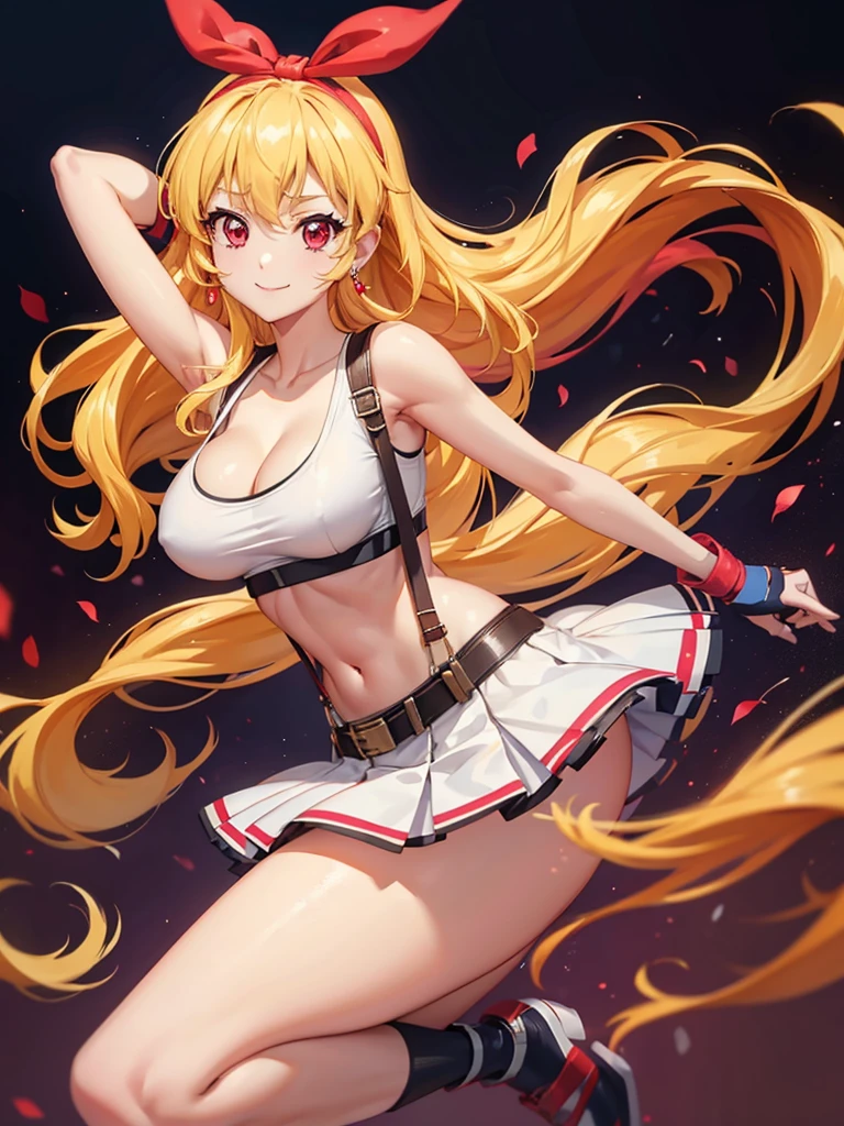 a sexy women with short white hair posing for a painting with fists up,1girl,gloves,long hair,skirt,jewelry,_breasts,solo,crop top,earrings,navel,fingerless gloves,suspenders,smile,tifa lockhart,looking at viewer,midriff,collarbone,thighhighs,(_large_breasts),simple background,bare shoulders,white background,cleavage,stomach,black skirt,low-tied long hair,taut clothes,suspender skirt,red gloves,closed mouth,blonde hair,belt,miniskirt,armpits,zettai ryouiki,taut shirt,bangs,(red ribbon on hairband:1.2),Ichigo Hoshimiya (Aikatsu!),tifa ff7,