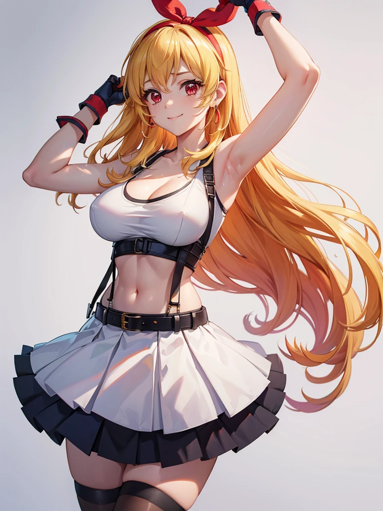 a sexy women with short white hair posing for a painting with fists up,1girl,gloves,long hair,skirt,jewelry,_breasts,solo,crop top,earrings,navel,fingerless gloves,suspenders,smile,tifa lockhart,looking at viewer,midriff,collarbone,thighhighs,(_large_breasts),simple background,bare shoulders,white background,cleavage,stomach,black skirt,low-tied long hair,taut clothes,suspender skirt,red gloves,closed mouth,blonde hair,belt,miniskirt,armpits,zettai ryouiki,taut shirt,bangs,(red ribbon on hairband:1.2),Ichigo Hoshimiya (Aikatsu!),tifa ff7,