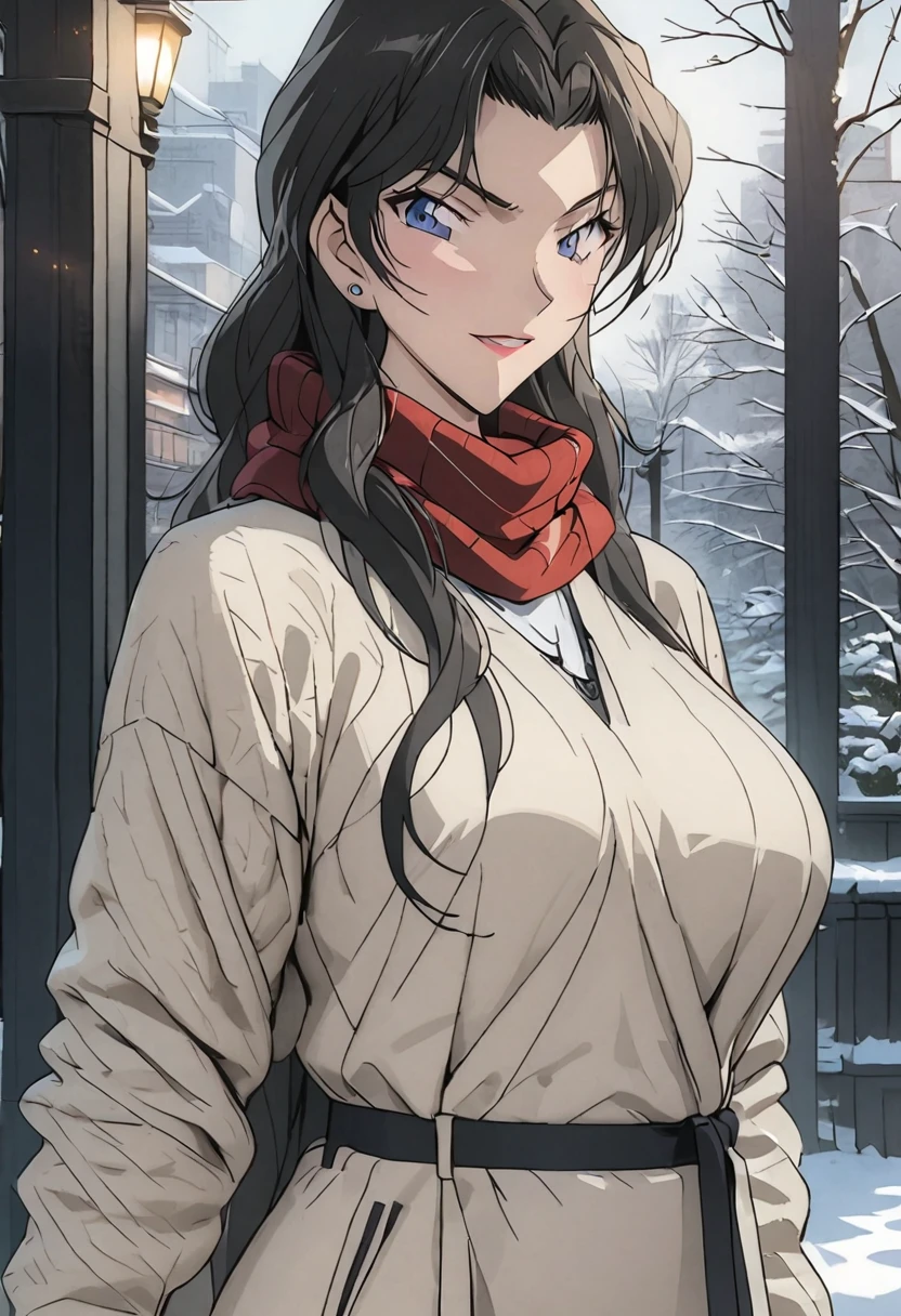 (best quality,4K,8K,high resolution,masterpiece:1.4),Ultra Detailed,Detail face:1.3,White sweater,red scarf,Perfect body,Large Breasts,Fashion,winter,Snowflakes falling,Anime style