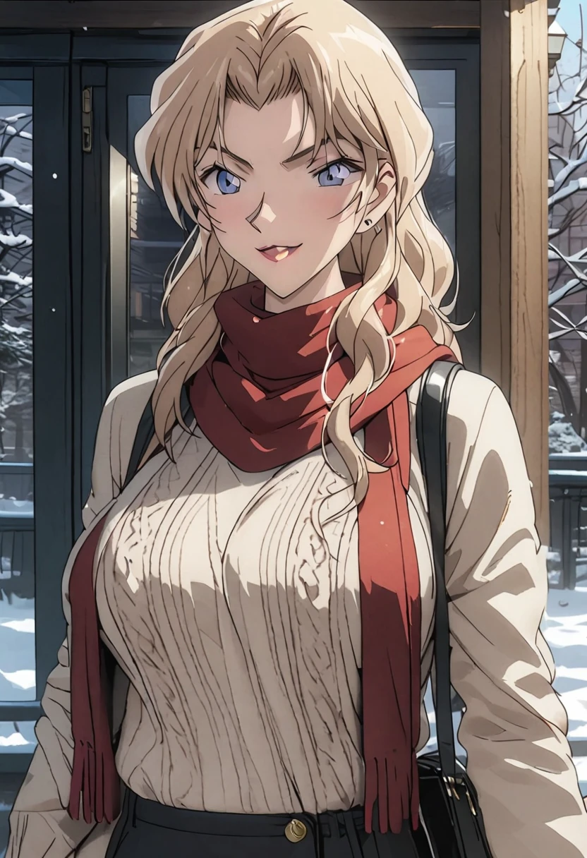 （best quality，4K，8K，high resolution，masterpiece：1.4），Ultra Detailed，Detail face：1.3，White sweater，red scarf，Perfect body，Large Breasts，Fashion，winter，Snowflakes falling，Anime style