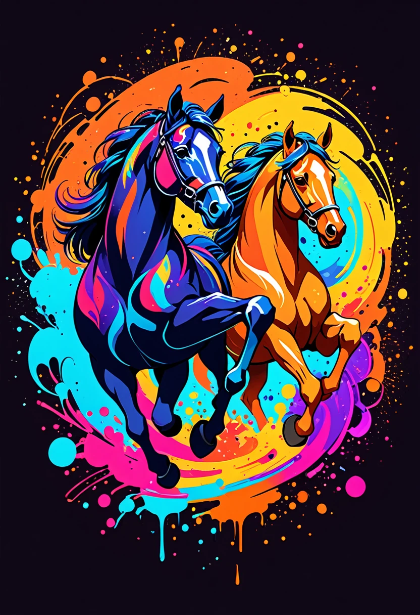 A t-shirt Colorful illustration with two brown horses, At the center, swirly vibrant colors，graffiti art，ink spatter，UHD quality, details in 16k, Wild and unbridled，ink wink painting，rich and colorful，visual impact,modern aesthetic,Elegant and simple, black backdrop