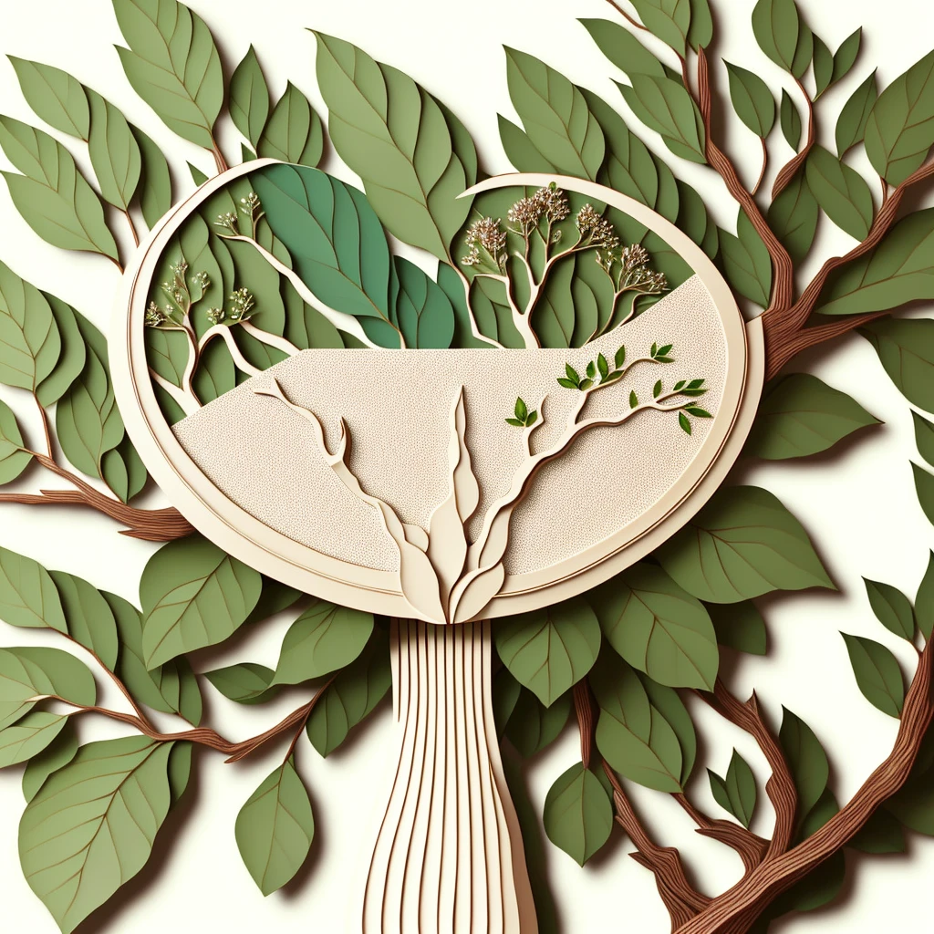 A natural and organic depiction of an coffee tree, featuring earth tones and botanical motifs representing her connection to nature and the environment, influenced by botanical illustrations, present as a borders of page