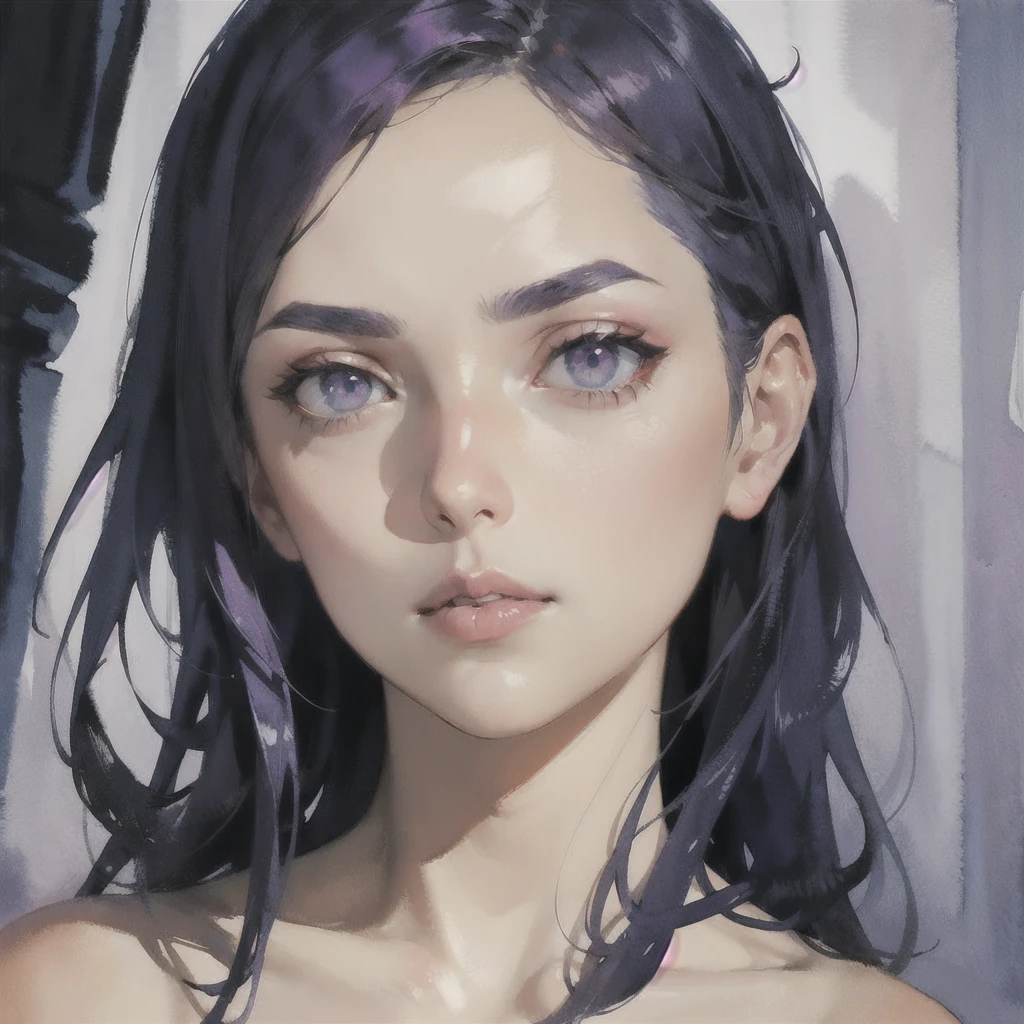 Deep subliminal, Surrealism, in watercolor style, Photorealism, discreet ruby and lilac shades, A glance from under the brow, depth