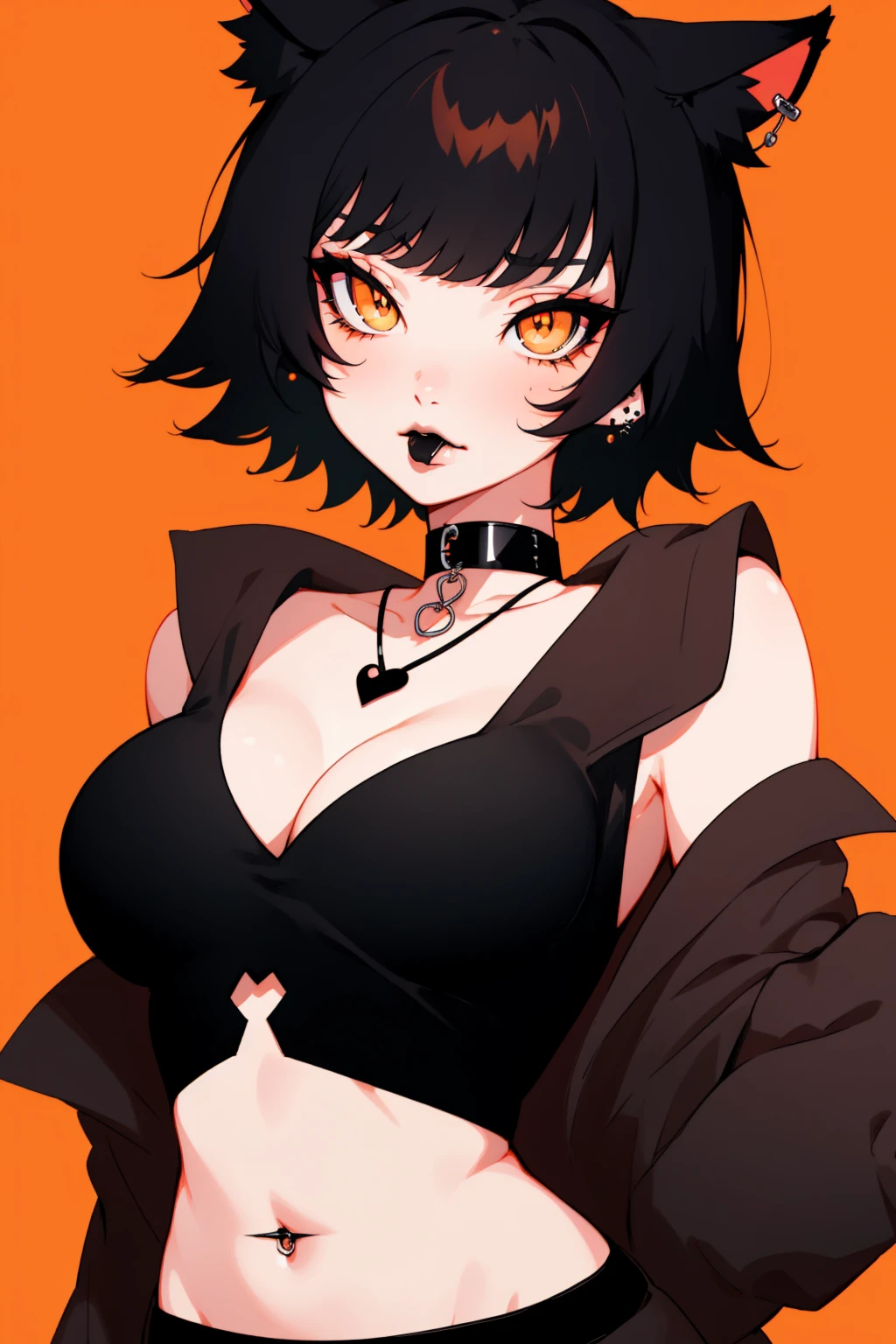 1girl, solo, jewelry, animal_ears, black_lips, short_hair, breasts, black_hair, earrings, makeup, cat_ears, orange_eyes, looking_at_viewer, navel, cleavage, lipstick, bangs, piercing, medium_breasts, collar, upper_body, gloves, elbow_gloves, bare_shoulders, slit_pupils, choker, necklace, midriff, orange_background, strapless