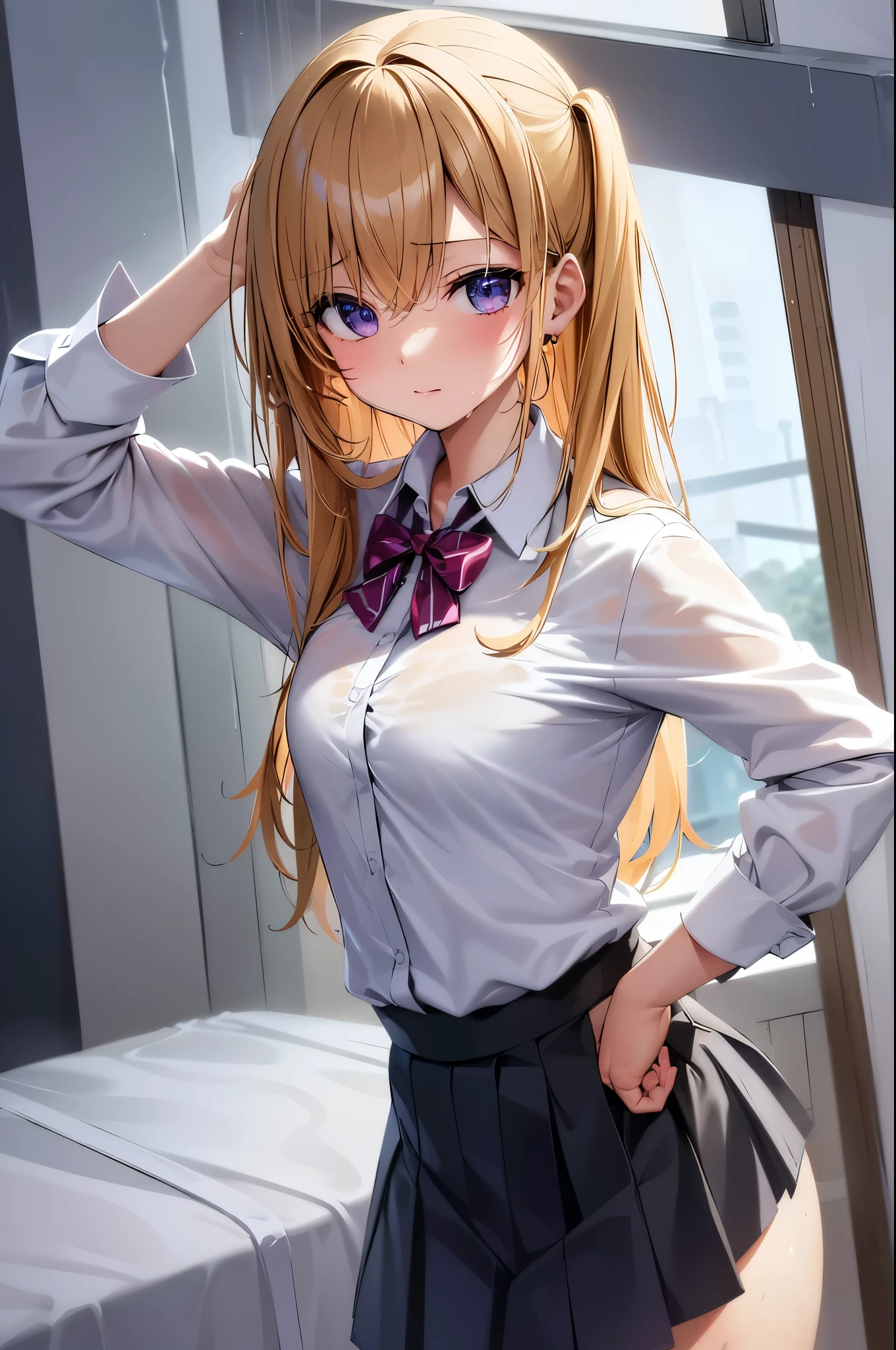 Best quality, A high resolution, absurdity, ultra detailed, 1 girl, hair_square, skirt, one, shirt, rain, wet_cloth, hair_square, wet, small_breast, underwear, wet_skirt, look through, blonde, amber_eyes, white_brassiere.