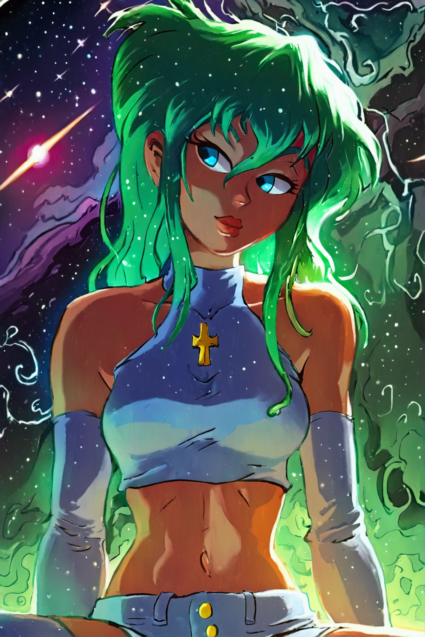 ::web comic:: a full-length close-up of a cartoon of an alone woman,with green hair,big boobies , girl of the zodiac knights, portrait girl of the zodiac knights, portrait anime space cadet girl, girl in space, queen of the galaxy, goddess of the galaxies, cosmic girl,small sweatshirt shorts, and small shirt, saiyan girl, molly space, on a galaxy-looking background, intergalactic princess, android heroine, cyborg goddess in cosmos, sitting cross-legged on top of a meteor.