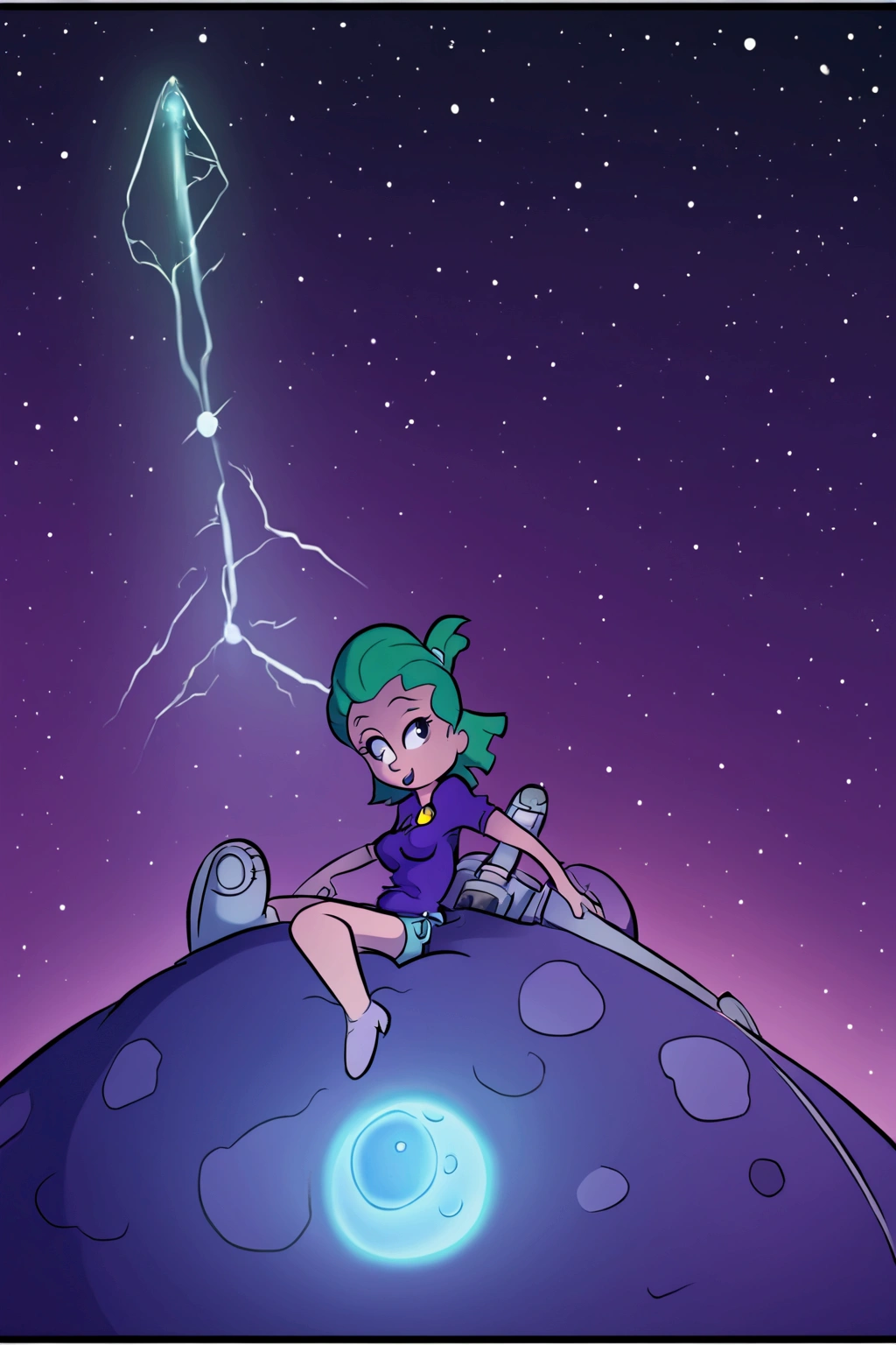 ::web comic:: a full-length close-up of a cartoon of an alone woman,with green hair,big boobies , girl of the zodiac knights, portrait girl of the zodiac knights, portrait anime space cadet girl, girl in space, queen of the galaxy, goddess of the galaxies, cosmic girl,small sweatshirt shorts, and small shirt, saiyan girl, molly space, on a galaxy-looking background, intergalactic princess, android heroine, cyborg goddess in cosmos, sitting cross-legged on top of a meteor.