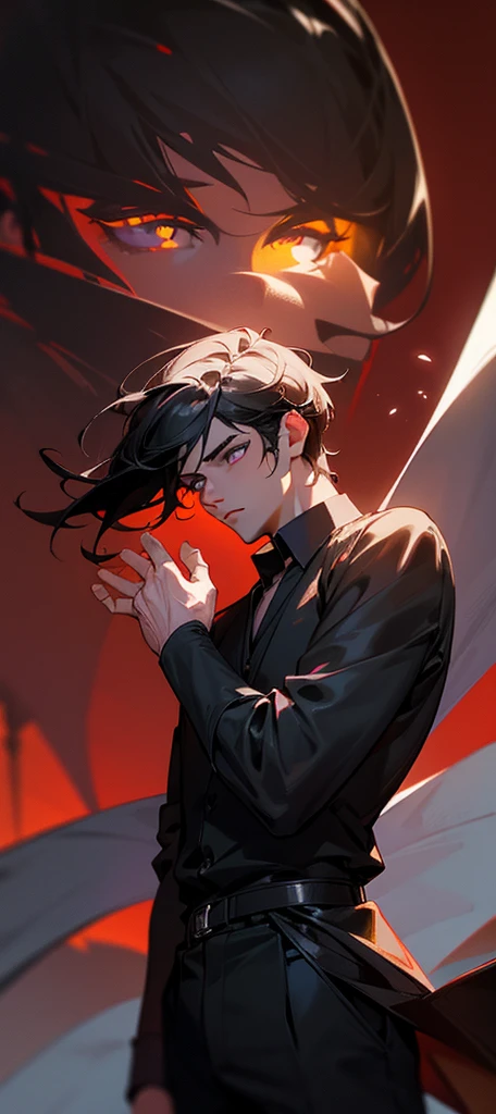 Elegant handsome man with purple pupils, wearing a black shirt, black trousers, short black hair, (top quality, 8k, high, masterpiece), highly detailed facial features, intricate details, natural lighting, warm color, soft focus, digital painting, fantasy art, silhouette, red light, eerie atmosphare, dark aura, black particles, perfect eyes, beautiful eyes, adult male.